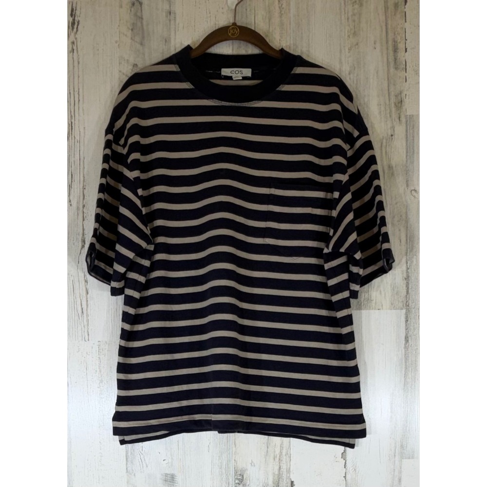 COS Oversized Heavyweight Striped T-Shirt Small Navy Tan Pocket Cotton Blend